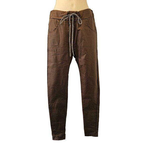 Venti6 Brown Crinkle Jogger Women XS Drawstring Pants Lurex Drawstring Close NWT - Picture 10 of 10